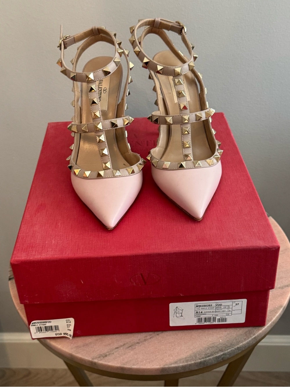 Valentino Pink Rockstud T-Strap Pointed Pumps with Gold Studs